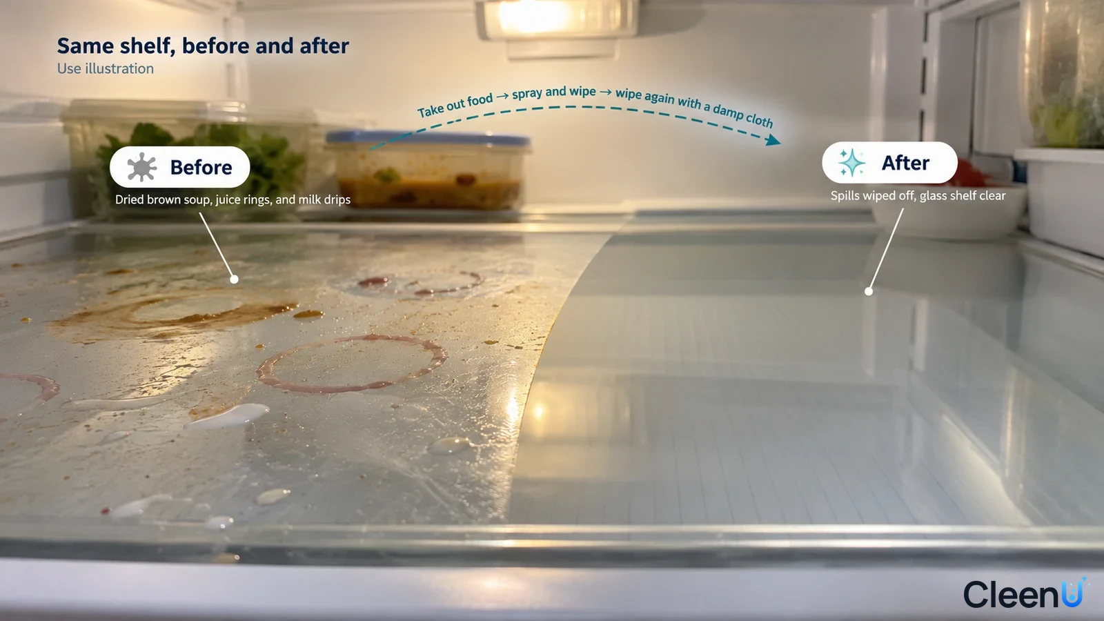 Illustration: Dried spills beside a clearer refrigerator glass shelf area; not a measured cleaning test.