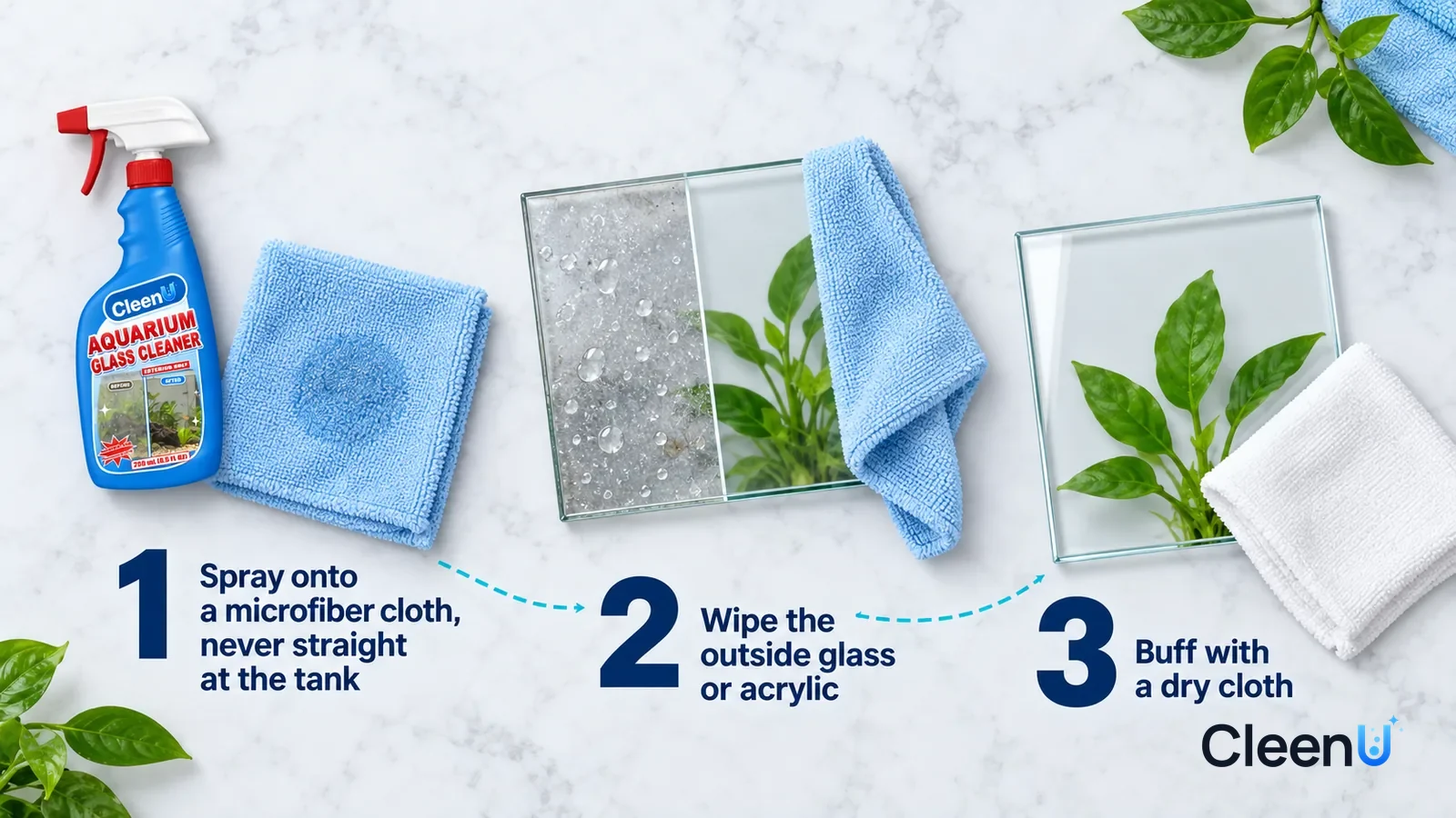 Illustration: CleenU Aquarium Glass Cleaner — an overhead shot straight down onto a light marble tabletop, no hands: (1) a folded pale-blue microfiber cloth