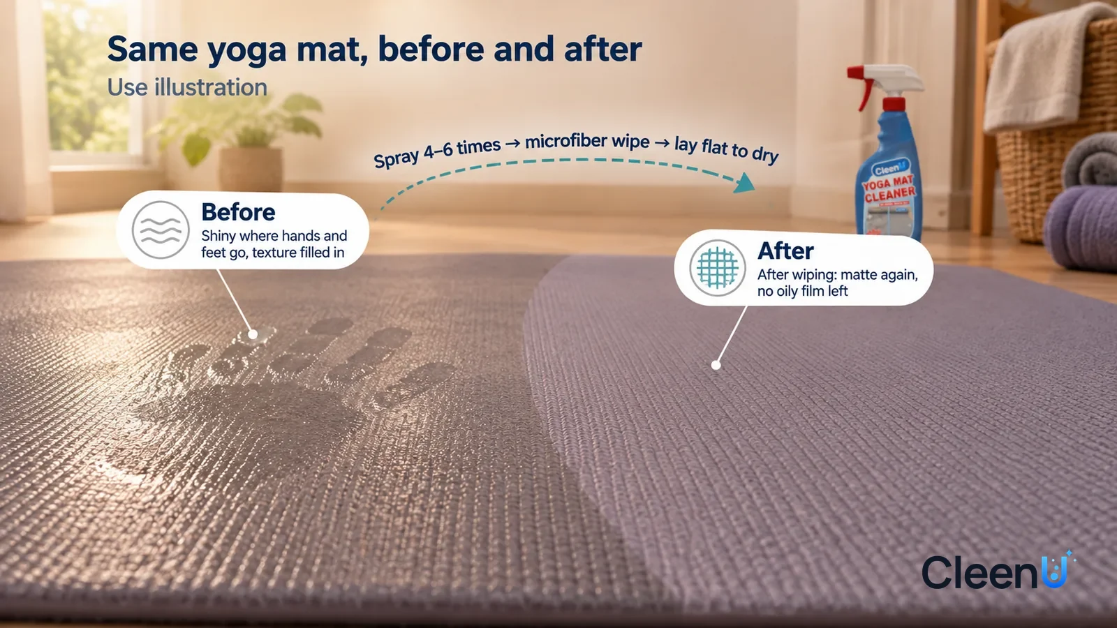 Illustration: CleenU Yoga Mat Cleaner — A full-screen low-angle close-up of a grey-purple yoga mat where the palms go, side window light