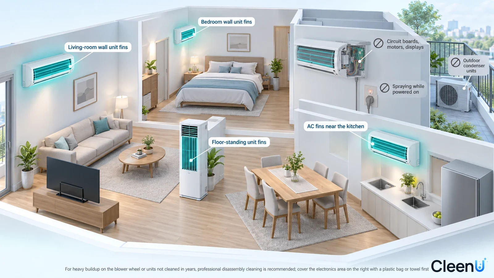 Illustration: Highlighted wall-mounted and floor-standing air conditioners in a home beside equipment and component precautions.