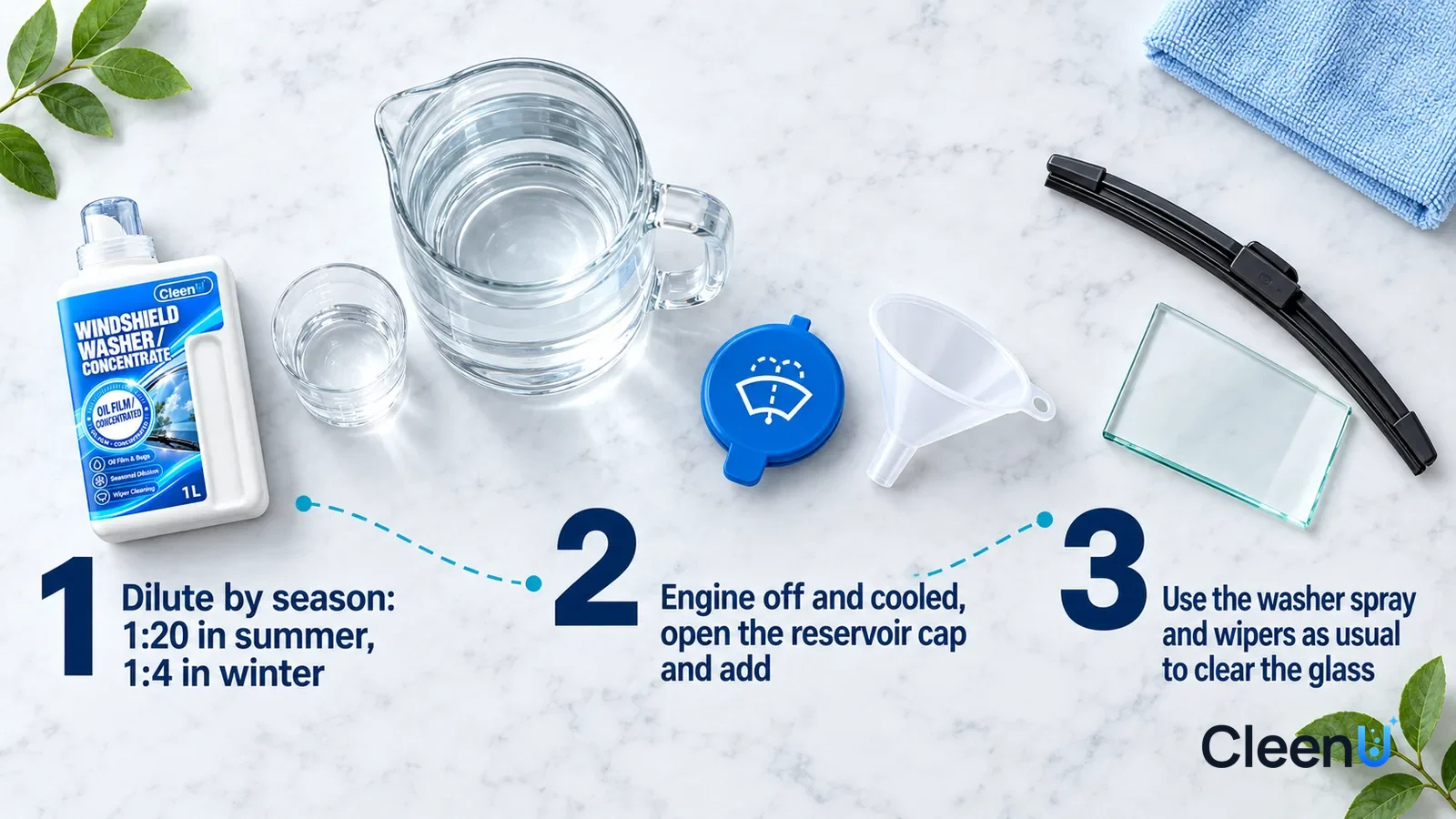 Illustration: CleenU Windshield Washer Concentrate — an overhead shot straight down onto a light marble tabletop, no hands: (1) a small clear measuring cup holding a little clear liquid and a l