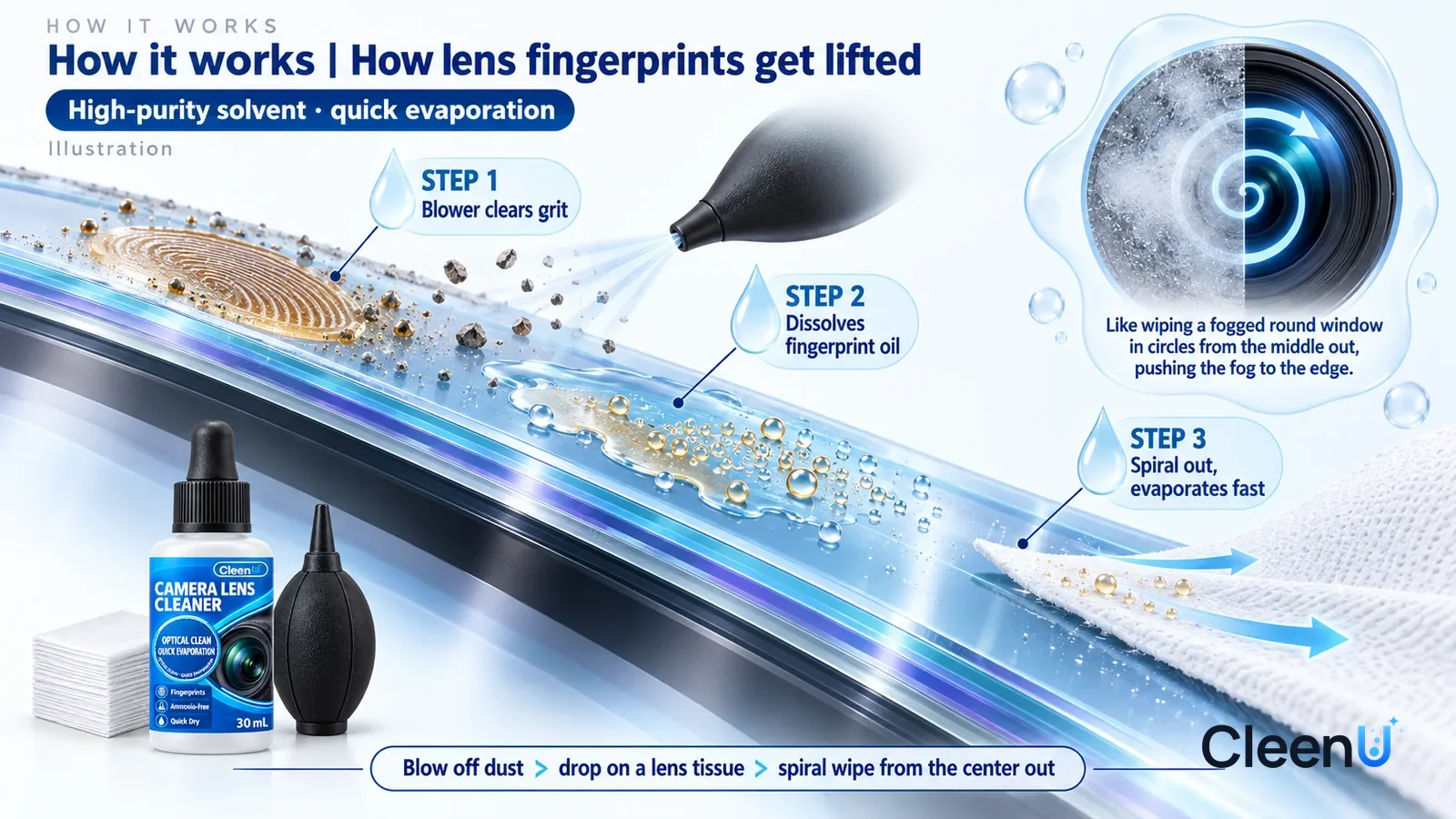 Illustration: CleenU Camera Lens Cleaner — an enormously magnified slice of a camera lens element runs diagonally from upper left to lower right