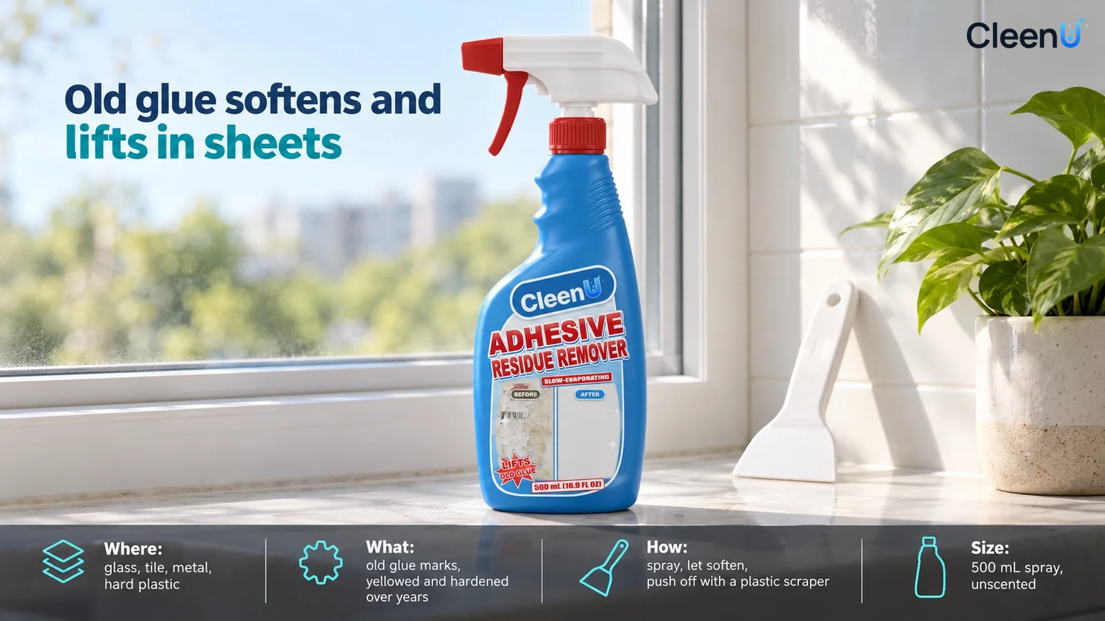 Illustrated adhesive residue remover bottle on a white windowsill beside a plant and scraper.