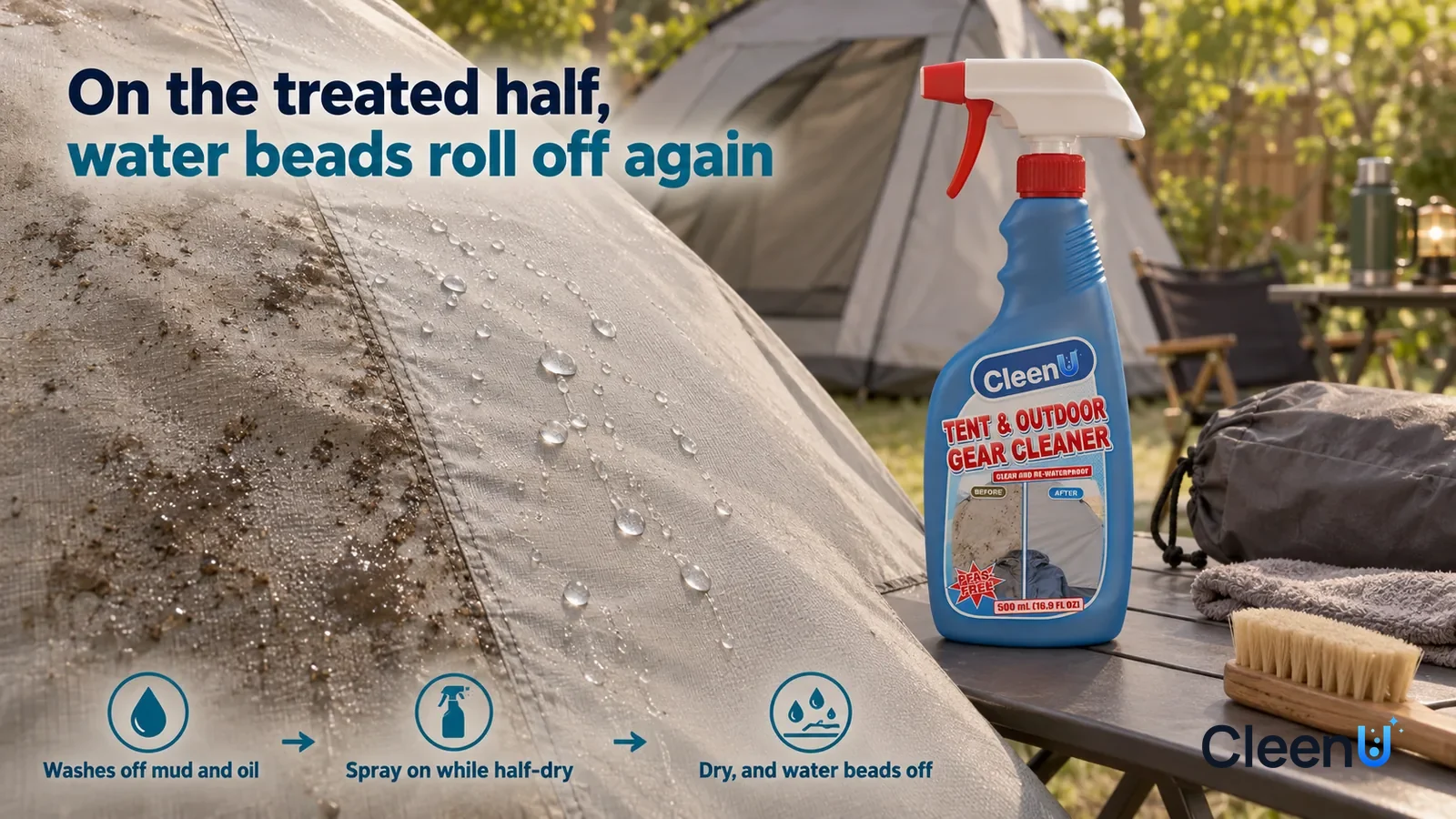 Illustration: CleenU Tent & Outdoor Gear Cleaner — keep one backyard care area, pale-grey two-person tent, folding camp table and soft brush, using the same fabric weave in all samples
