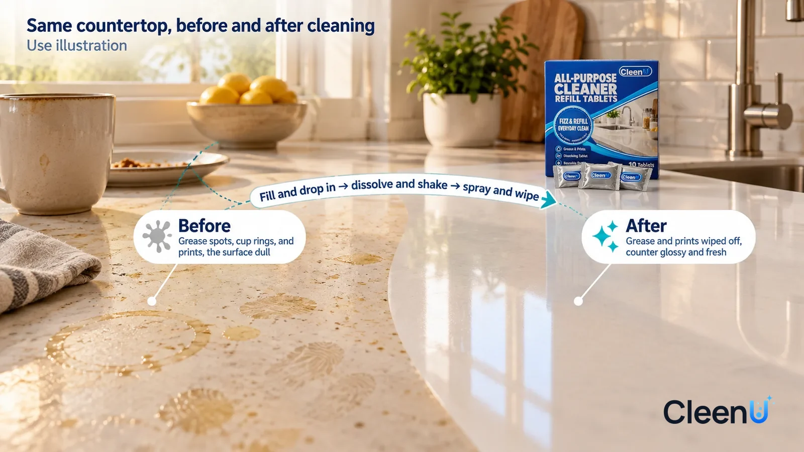 Illustration: CleenU All-Purpose Cleaner Refill Tablets — A full-screen low-angle close-up of a white quartz kitchen countertop, in the same side light: the untreated side is scattered with pale yel