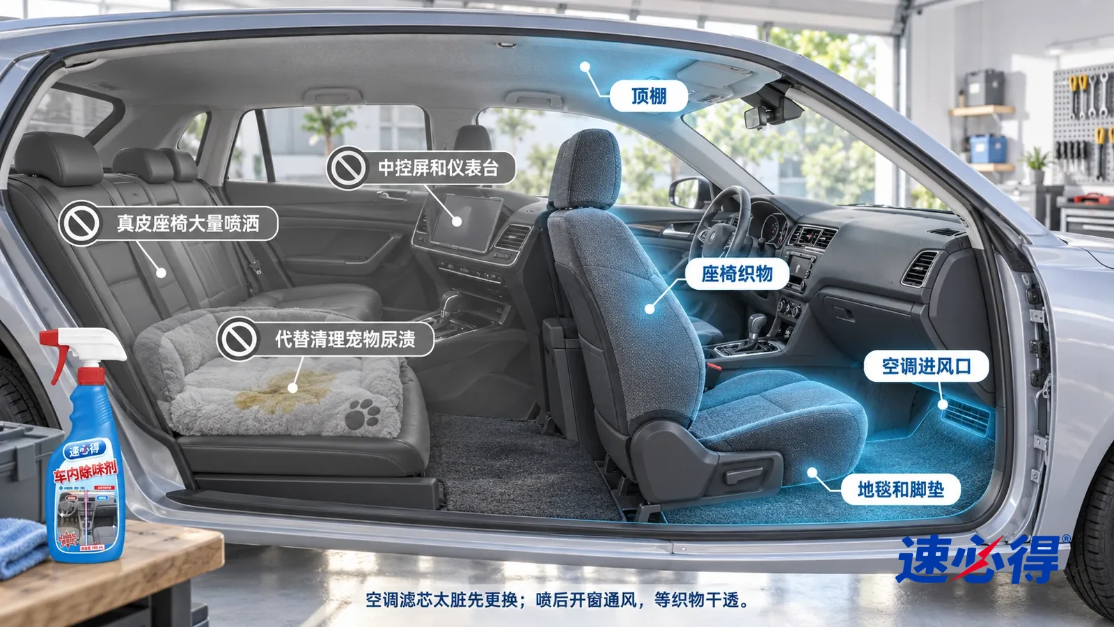 示意图：速必得车内除味剂——一张写实 3D 剖面实景图，一个明亮的家用车库，一辆家用轿车被剖开一侧车身，连续空间、一个视角，不出现瓶子：织物座椅、地毯和脚垫、织物顶棚