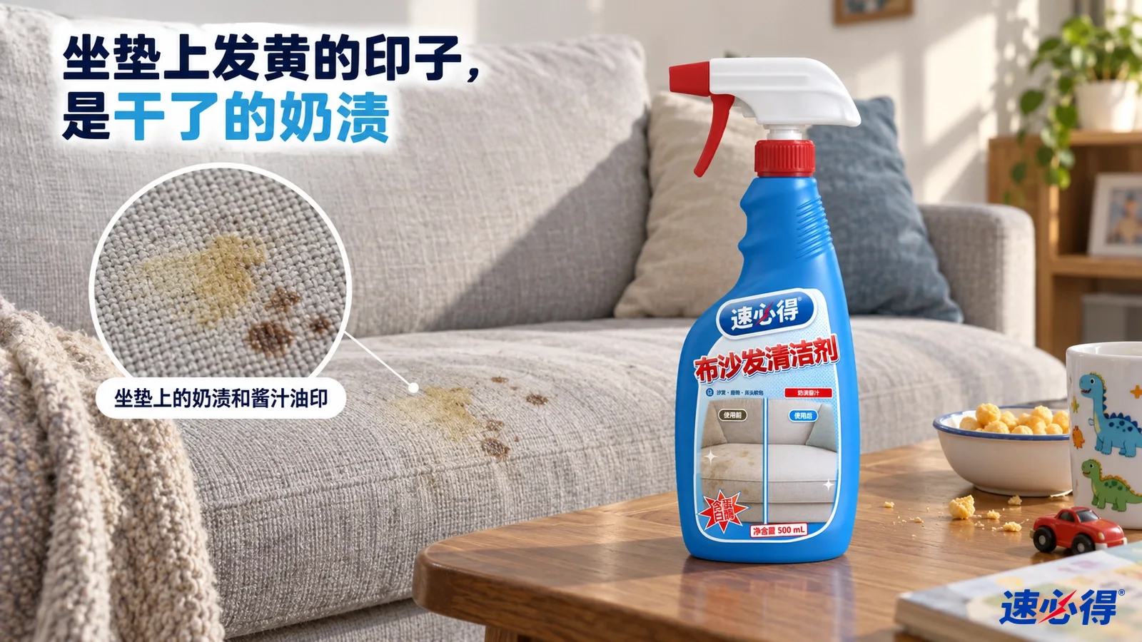 示意图：灰色沙发坐垫上有黄色奶渍和食物污印，蓝色喷瓶摆在茶几上。