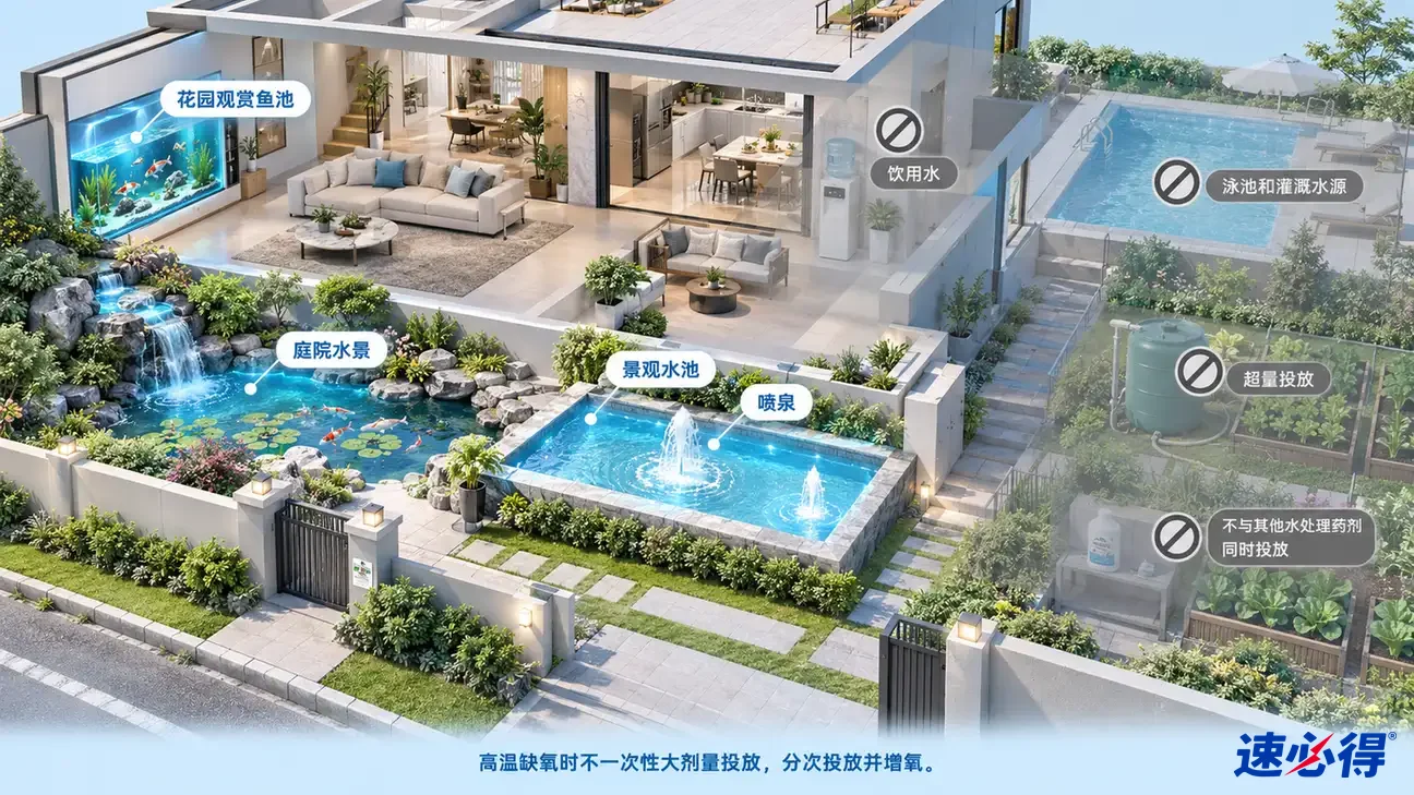 示意图:住宅花园鱼池、景观水池和喷泉被突出显示,旁列水体注意事项。