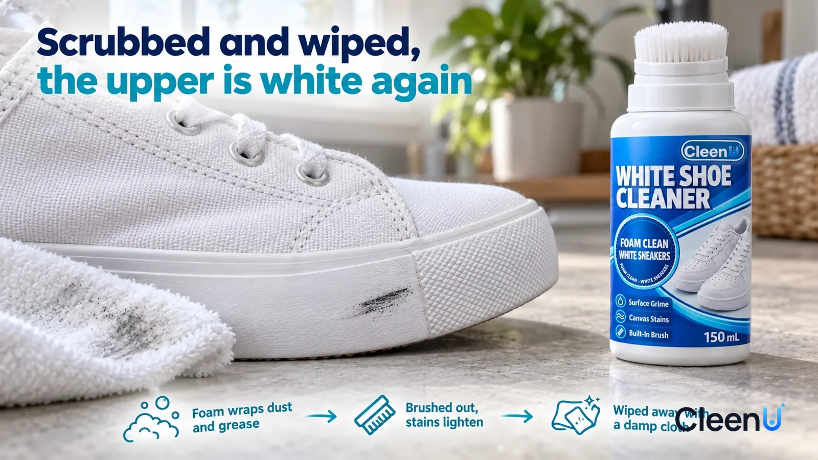 Illustration: CleenU White Shoe Cleaner — A low-angle macro of a white canvas sneaker's sidewall (no brand marks of any kind): a white damp cloth has just wiped along a stretch of it