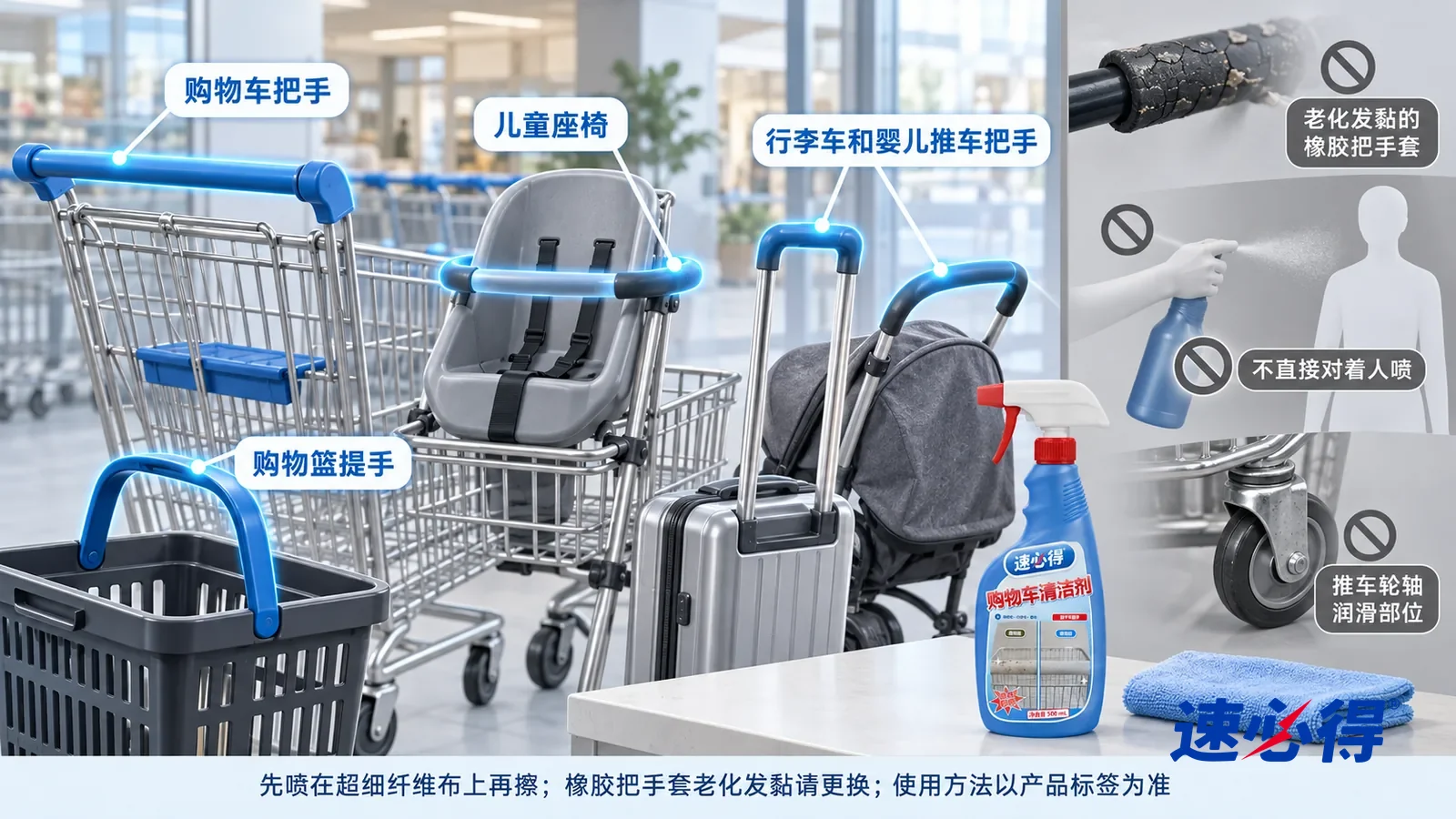 示意图：速必得购物车清洁剂——一张写实 3D 剖面实景图，一座没有任何招牌文字的商业楼一层，连续空间、一个视角，不出现人：购物车把手、儿童座椅、购物篮提手
