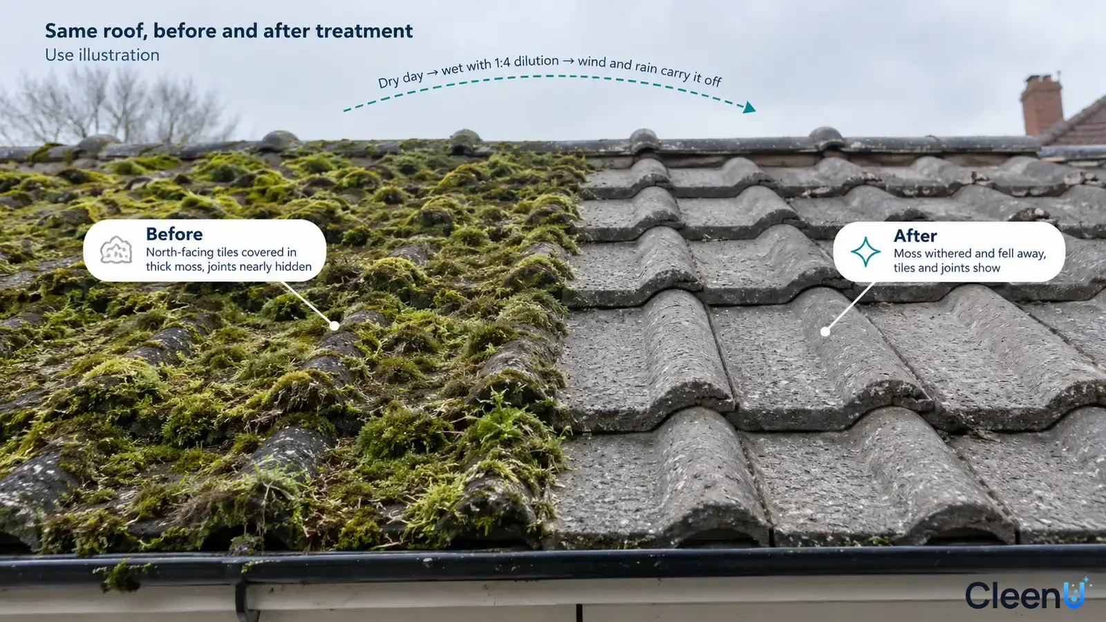 Illustration: Mossy and exposed gray roof tiles; not a measured roof-treatment test.
