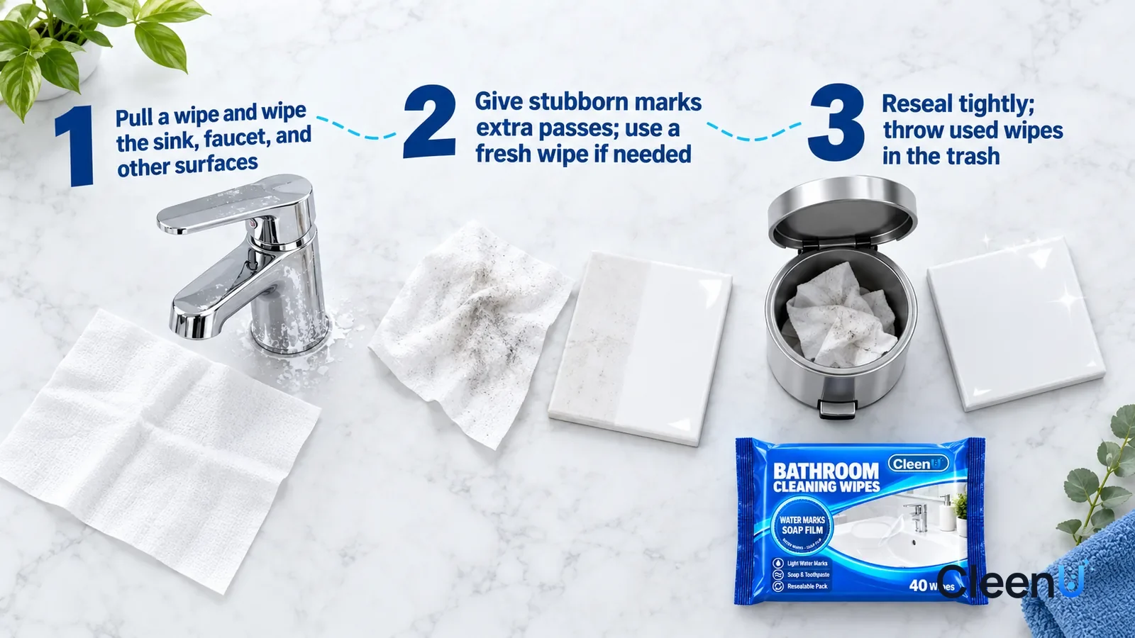Illustration: CleenU Bathroom Cleaning Wipes — an overhead shot straight down onto a light marble tabletop, no hands: (1) an unfolded white wipe and a chrome faucet fitting with white wat