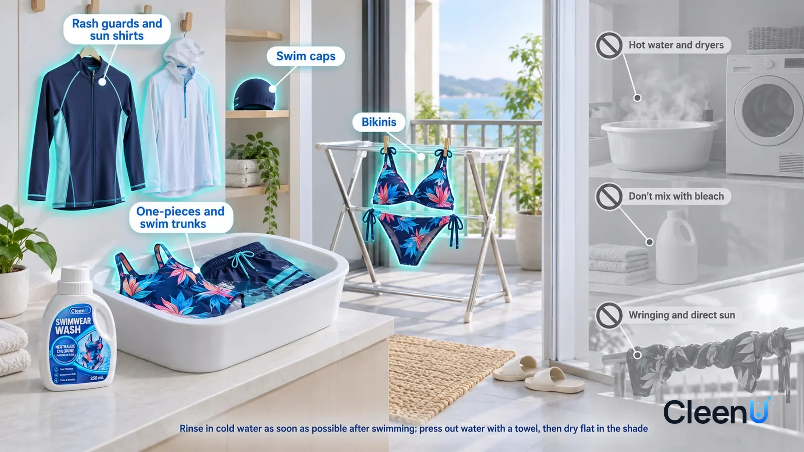 Illustration: CleenU Swimwear Wash — A realistic 3D cutaway of a bright home's entryway, bathroom, and balcony, one continuous space from one viewpoint