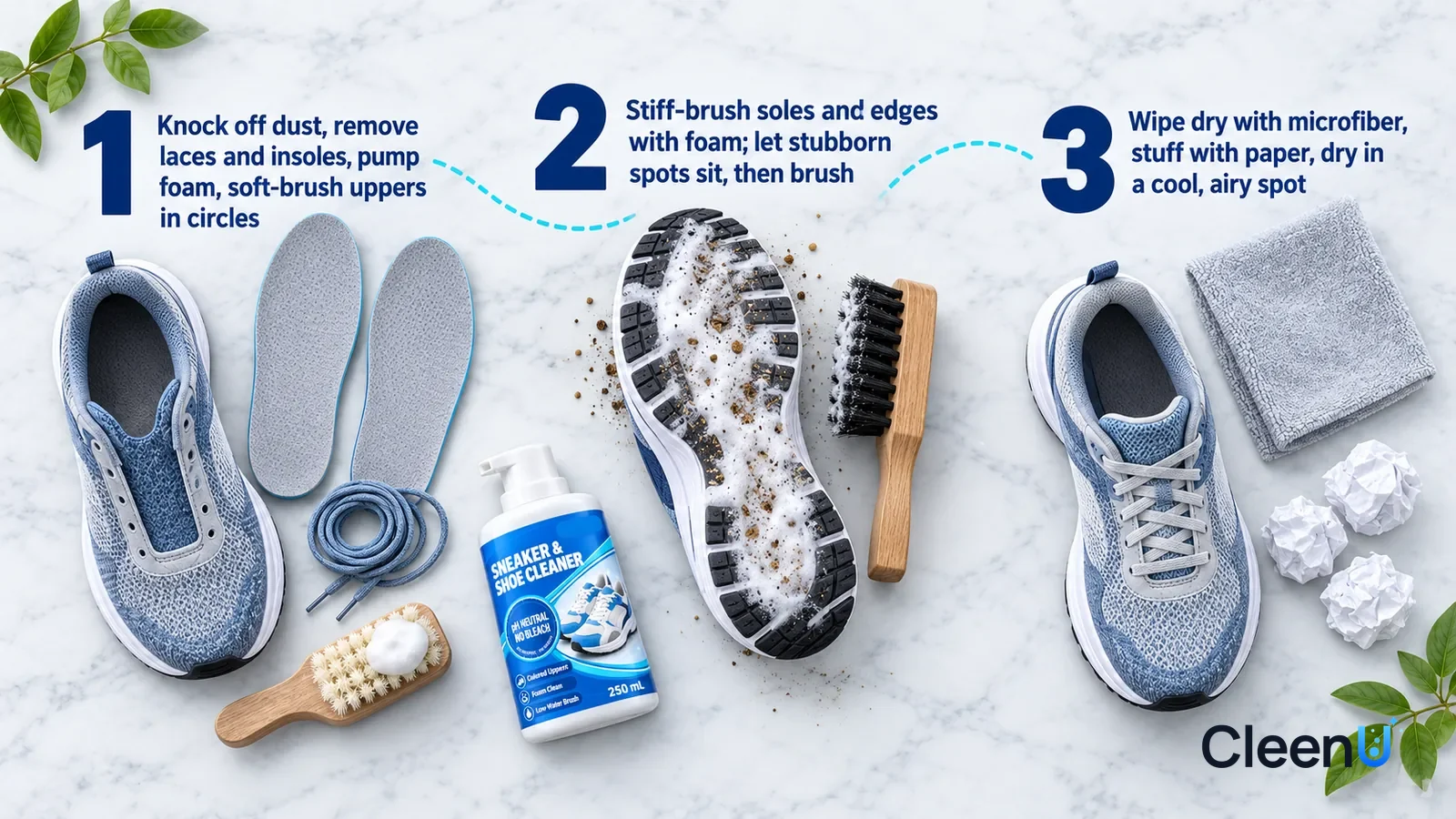 Illustration: CleenU Sneaker & Shoe Cleaner — an overhead shot straight down onto a light marble tabletop, no bottle and no hands: (1) a grey-blue knit running shoe (no brand marks) with