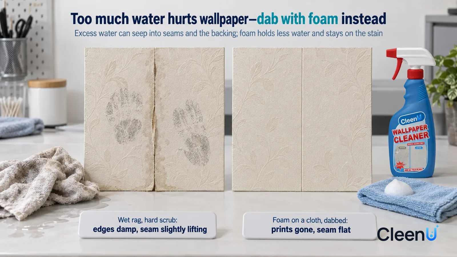 Illustration: CleenU Wallpaper Cleaner — A landscape medium close-up of a small experiment in a cleaning lab: two identical pale beige embossed vinyl wallpaper samples stand side by Headline: "Too muc