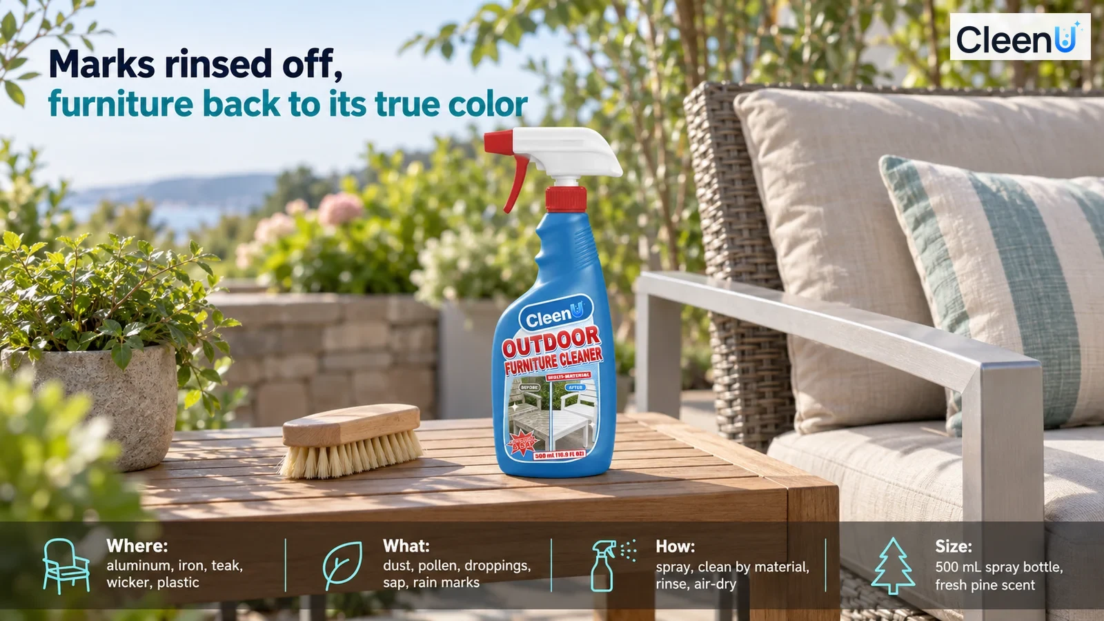 Illustration: A blue cleaner bottle and brush on a wooden table beside outdoor seating.