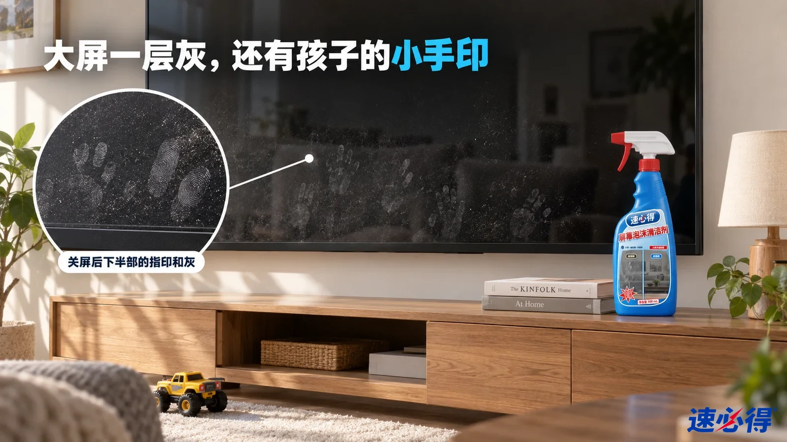 示意图：客厅黑色电视屏幕上的指纹和灰尘，旁有蓝色喷瓶和木电视柜。
