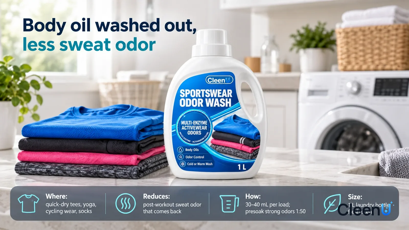 Illustration: CleenU Sportswear Odor Wash, white cap on, stands upright and centered on the laundry counter