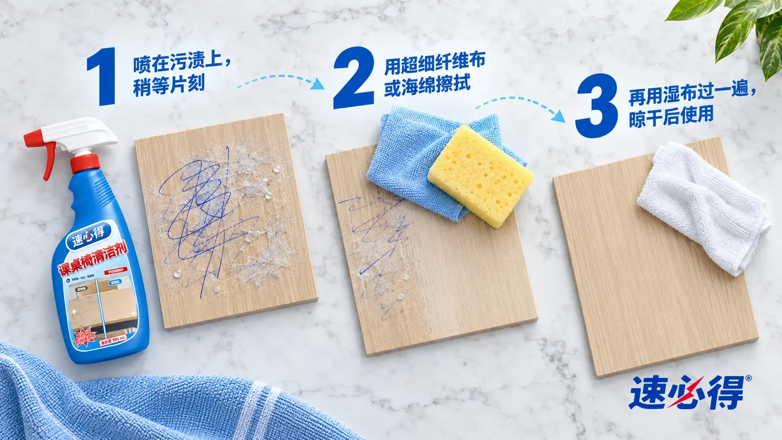 示意图:速必得课桌椅清洁剂——① 一块带蓝色圆珠笔涂鸦和发灰残胶的浅木纹贴面板样板,涂鸦上覆着一层微湿的液膜;② 一块浅蓝超细纤维布和一块黄色海绵