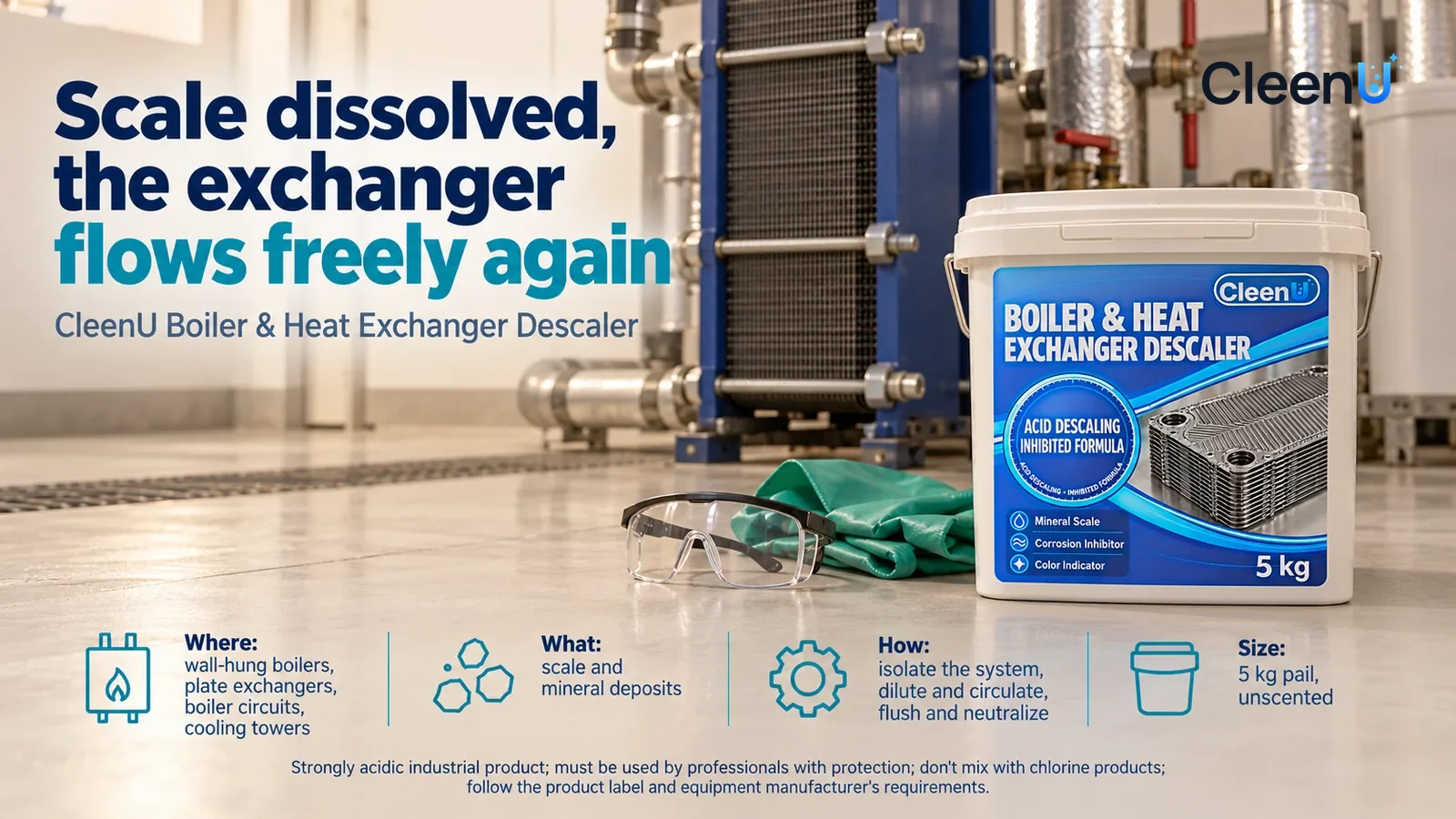Illustration: CleenU Boiler & Heat Exchanger Descaler, lid on, stands in the right third of the frame on the plant-room floor Headline: "Scale dissolved, the exchanger flows freely again"