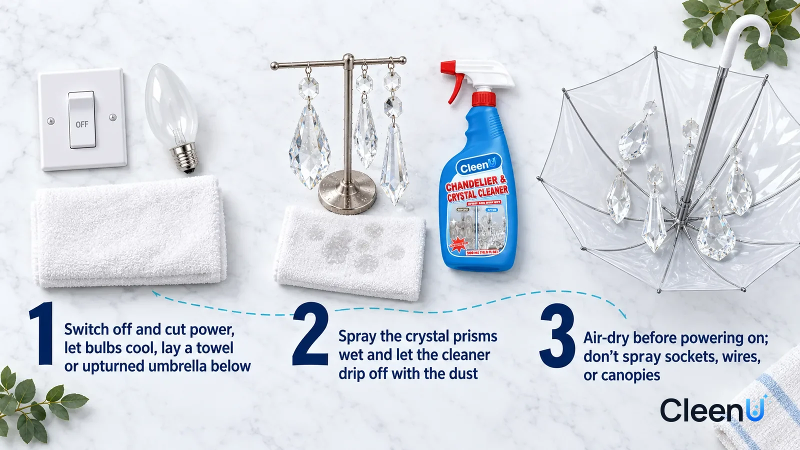 Illustration: CleenU Chandelier & Crystal Cleaner — an overhead shot straight down onto a light marble tabletop, no hands: (1) a white wall switch plate flipped to off, a cooled light bulb