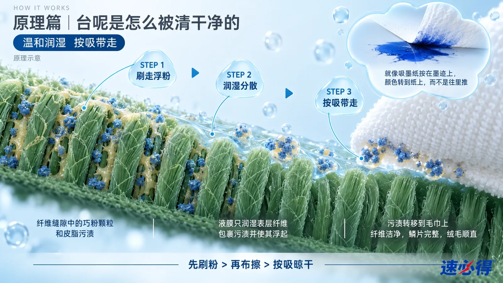 示意图：绿色织物纤维剖面、蓝色颗粒、液滴和箭头。