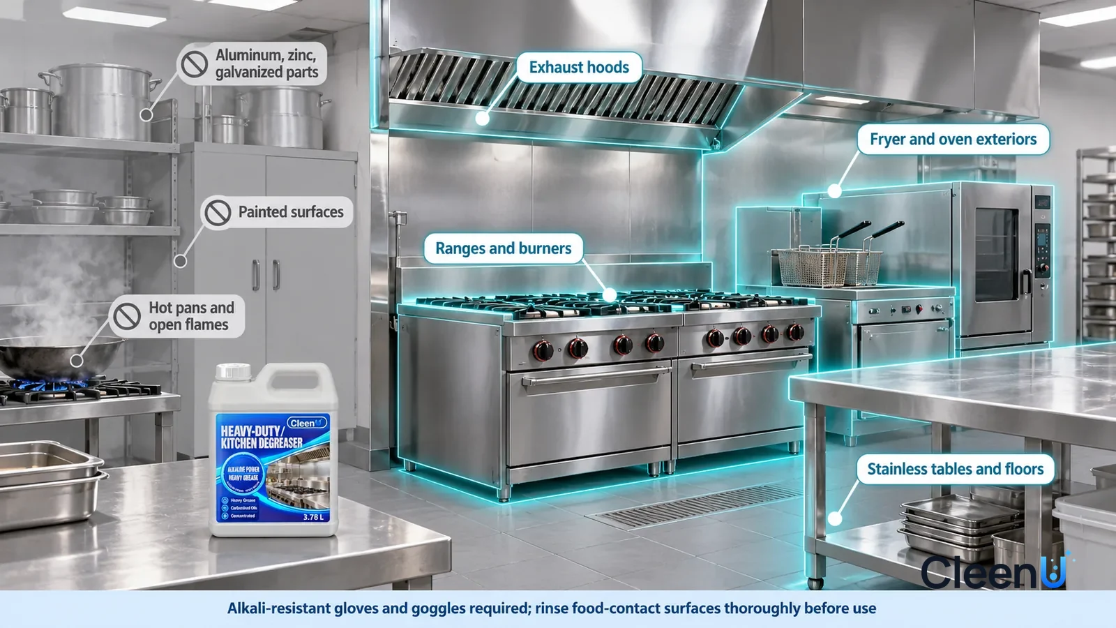 Illustration: CleenU Heavy-Duty Kitchen Degreaser — A realistic 3D cutaway of a bright restaurant kitchen, one continuous space from one viewpoint