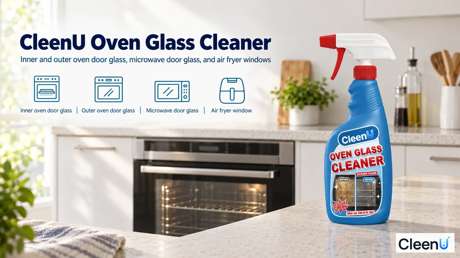 Illustration: A blue cleaner bottle in front of a built-in oven with use icons.