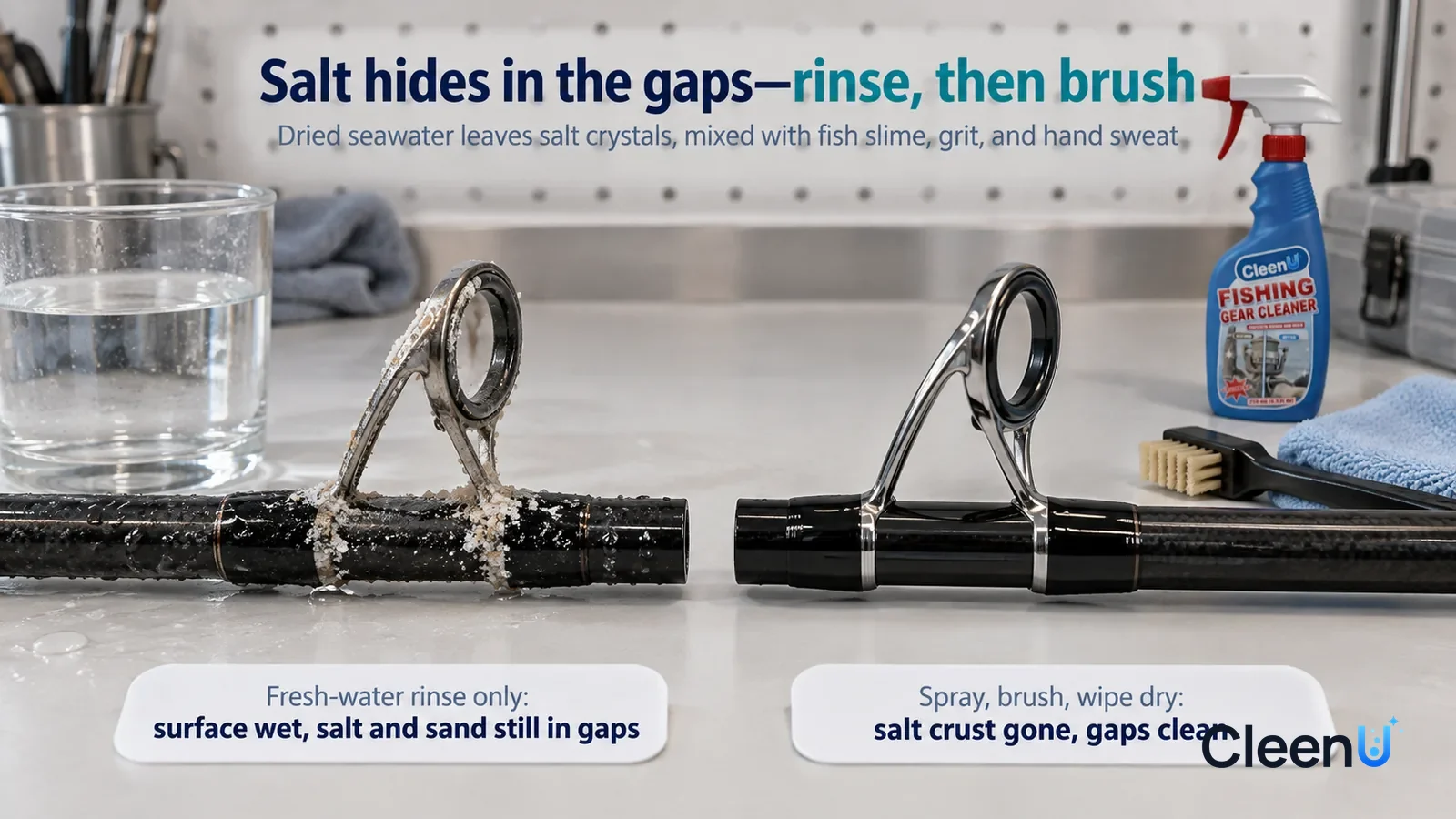 Illustration: CleenU Fishing Gear Cleaner — A landscape medium close-up of a small experiment in a cleaning lab: two identical black carbon rod sections side by side on a white test be Headline: "Salt