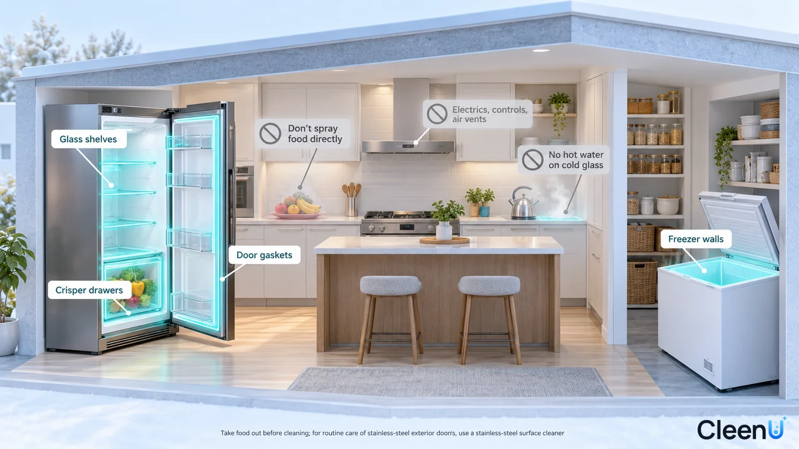 Illustration: Highlighted refrigerator shelves, drawers and door seals beside food and component precautions.