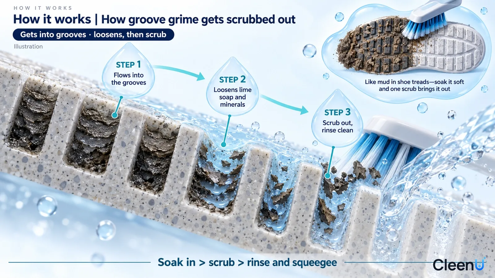 Diagram of tile groove cross-sections, liquid and brush bristles illustrating grime removal from the grooves.