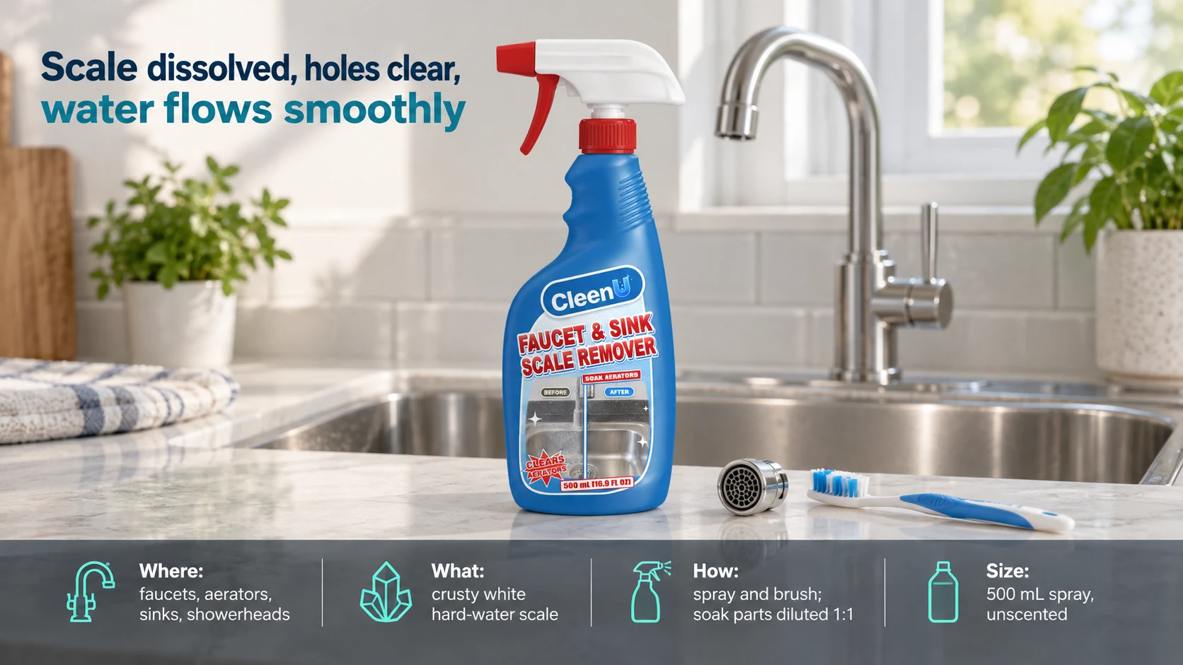 Illustration: A blue descaler bottle beside a stainless steel sink and faucet with use icons.
