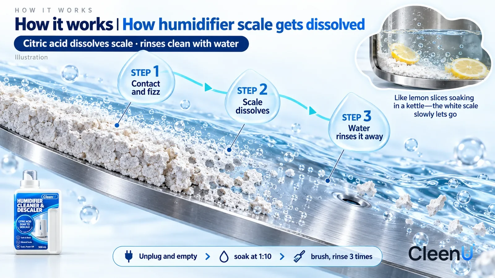 Illustration: CleenU Humidifier Cleaner & Descaler — an enormously magnified cross-section of a humidifier nebulizer disc runs diagonally from upper left to lower right; on the left a rough whi
