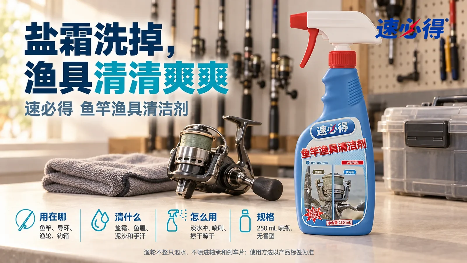 示意图：速必得鱼竿渔具清洁剂站在画面右侧约三分之一处的车库工具台上，旁边一只干净的纺车轮和一块叠好的超细纤维布，标题“盐霜洗掉，渔具清清爽爽”
