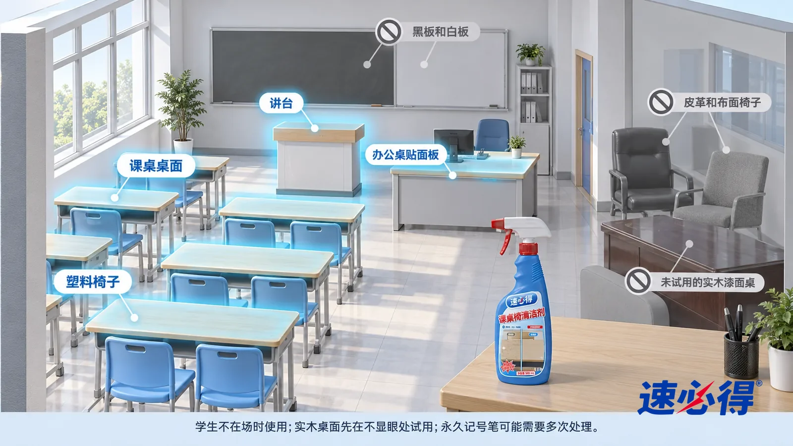 示意图：速必得课桌椅清洁剂——一张写实 3D 剖面实景图，一栋明亮的教学楼一层，连续空间、一个视角，课桌桌面、塑料椅子、讲台