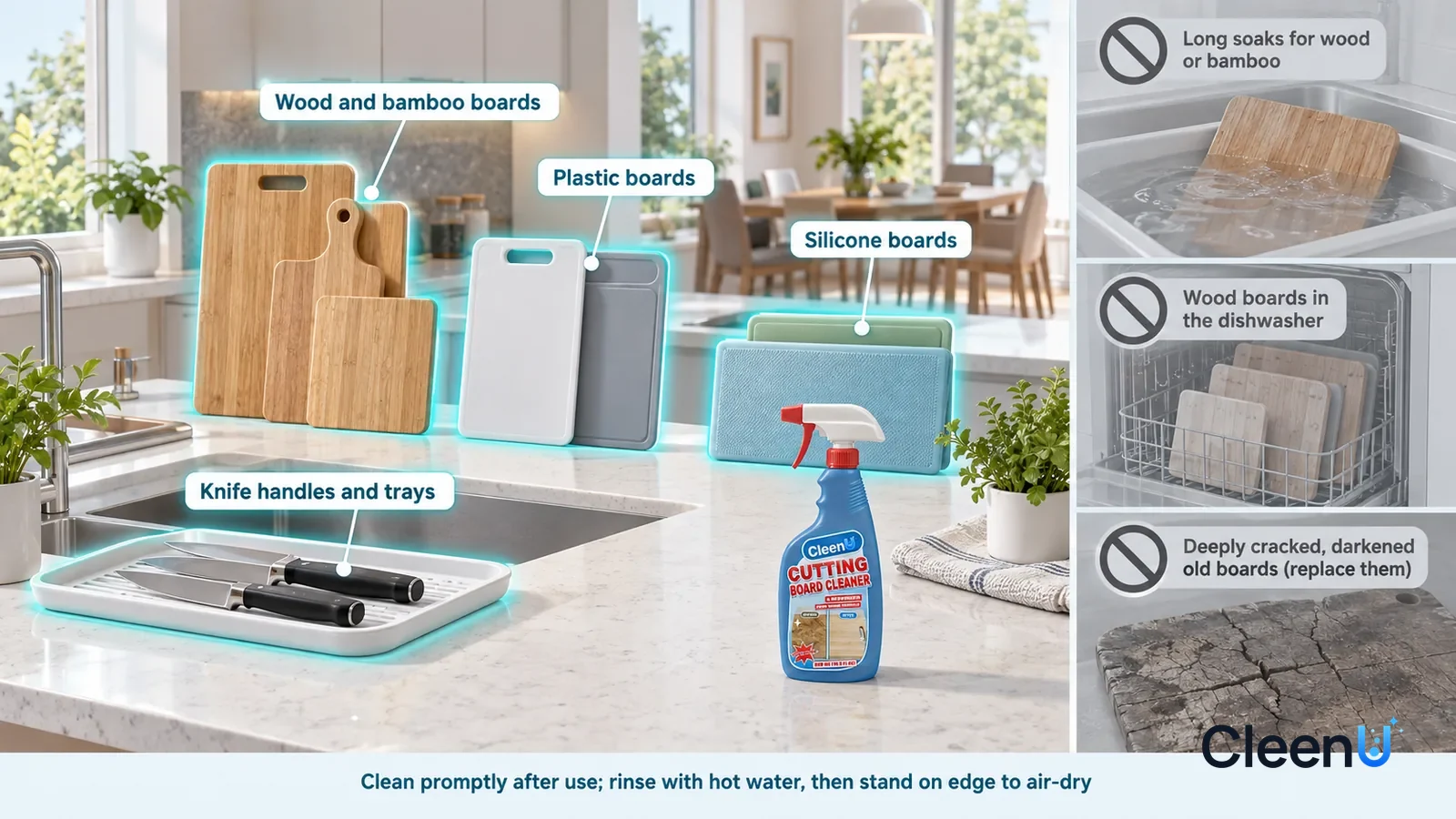 Illustration: CleenU Cutting Board Cleaner & Deodorizer — A realistic 3D cutaway of a bright home's kitchen and dining area, one continuous space from one viewpoint