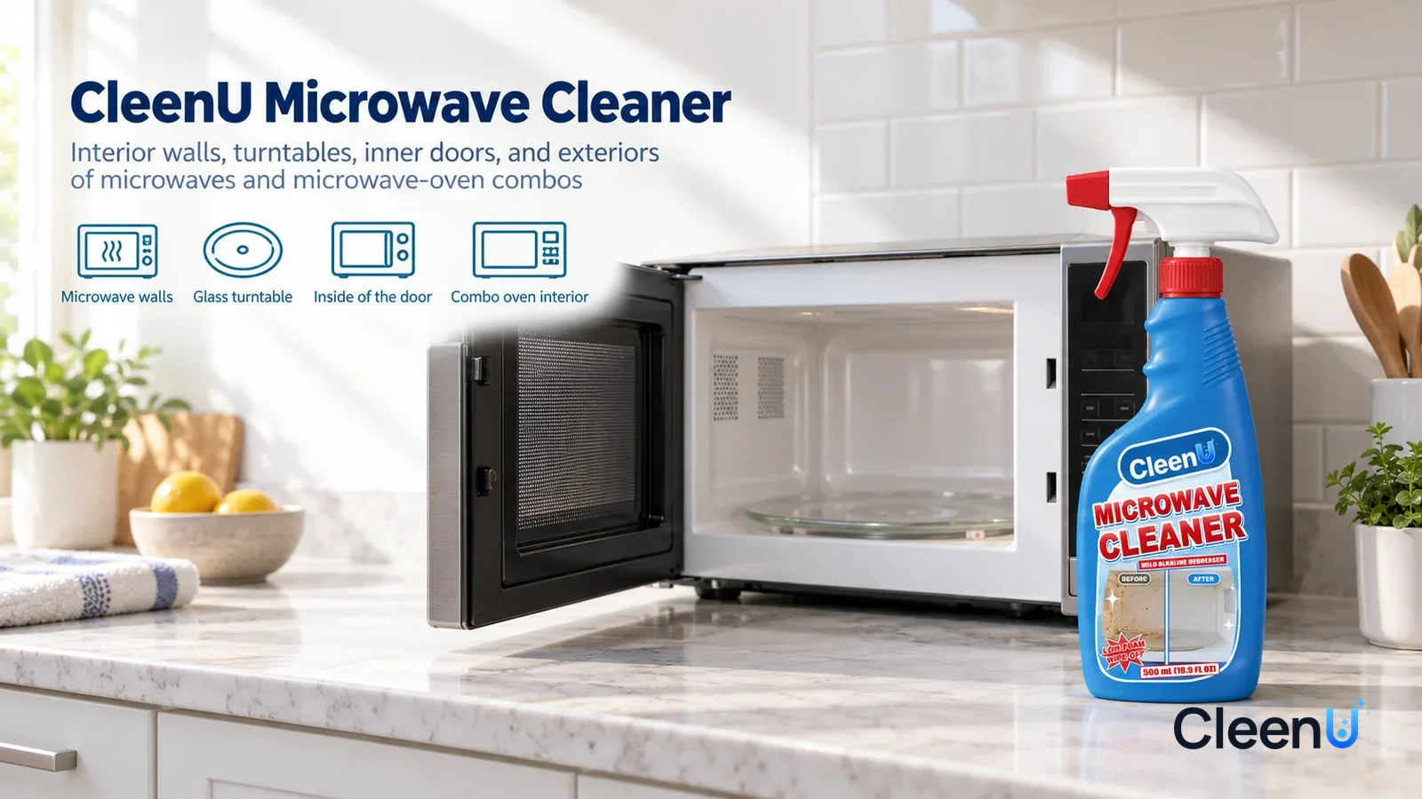 Illustration: CleenU Microwave Cleaner — A bright, clean kitchen, a home microwave (no brand marks) with its door open, the walls white and the glass turntable clear
