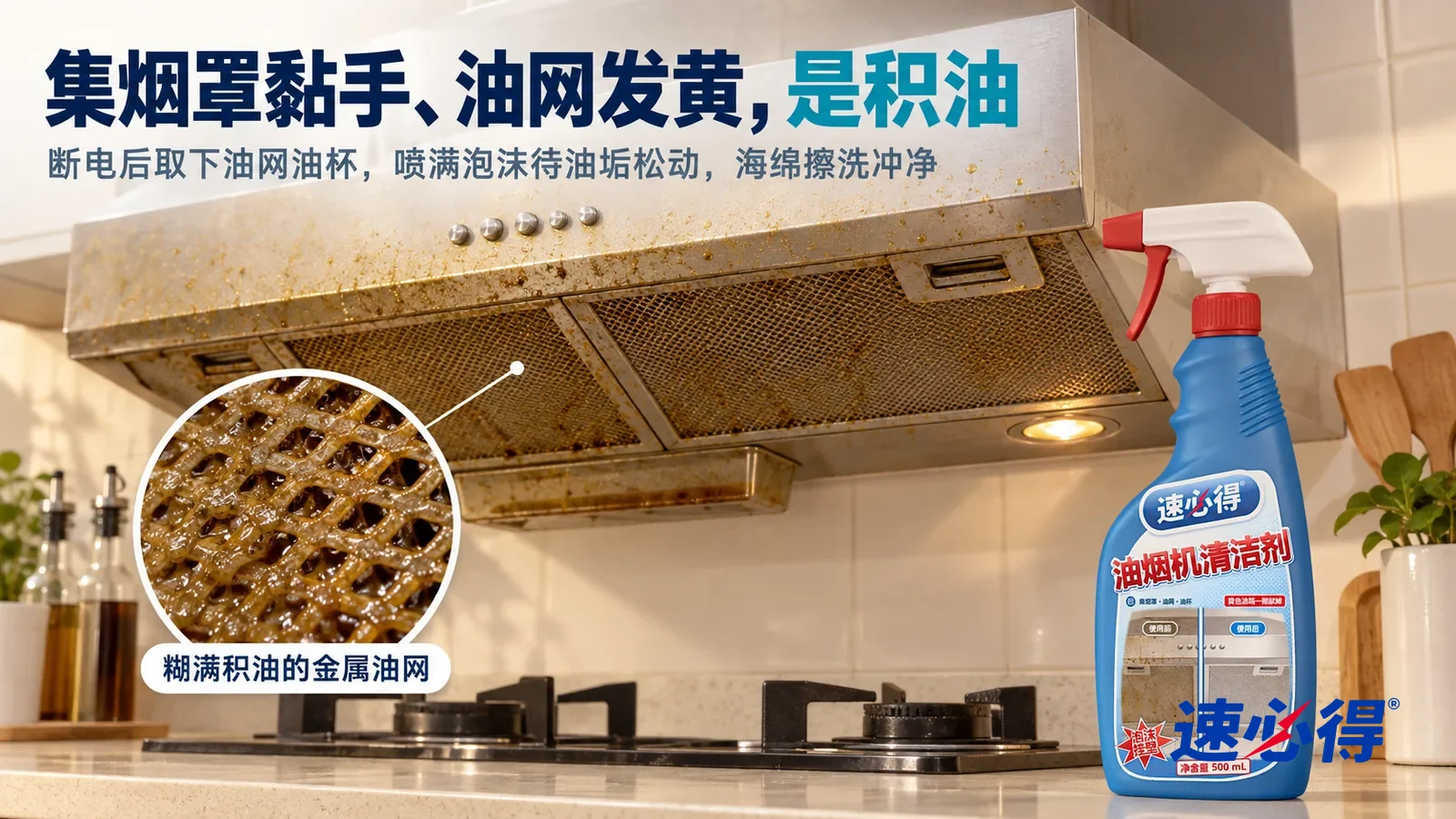 示意图：速必得油烟机清洁剂——一个家常厨房，灶台上方一台不锈钢和钢化玻璃面板的油烟机（无品牌标志），侧光斜照下集烟罩一层发黄发黏的油膜，标题“集烟罩黏手、油网发黄，是积油”