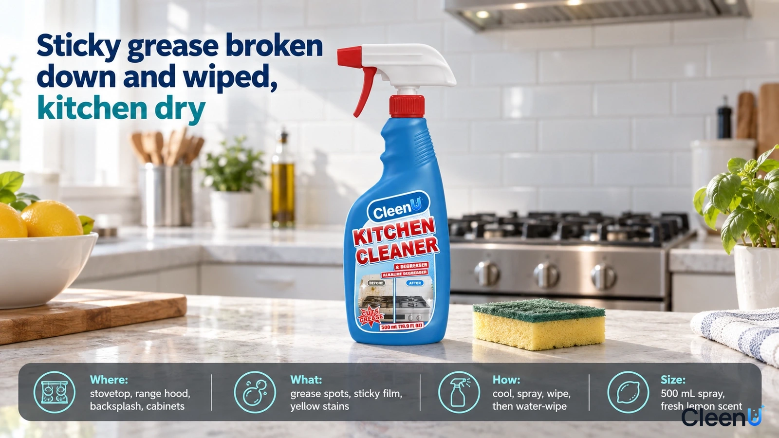 Illustration: A blue cleaner bottle and yellow-green sponge in front of a stove.
