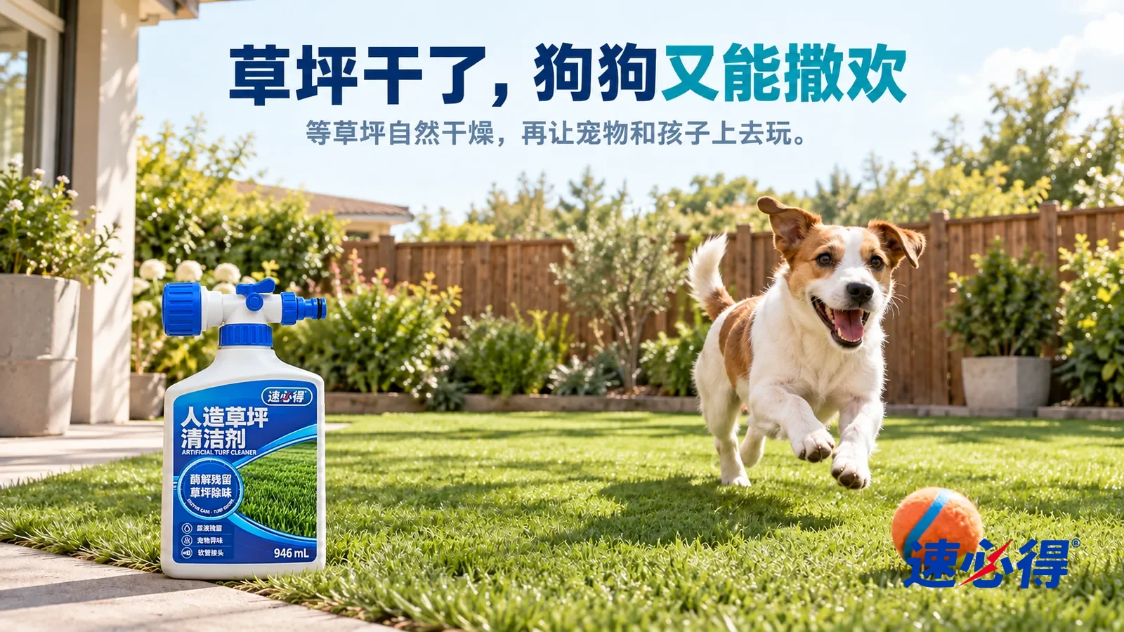 示意图：速必得人造草坪清洁剂——午后明亮的后院，一片干爽蓬松的人造草坪，一只狗在草坪上追着一只小皮球奔跑，木围栏边一排绿植，柔和的阳光，标题“草坪干了，狗狗又能撒欢”