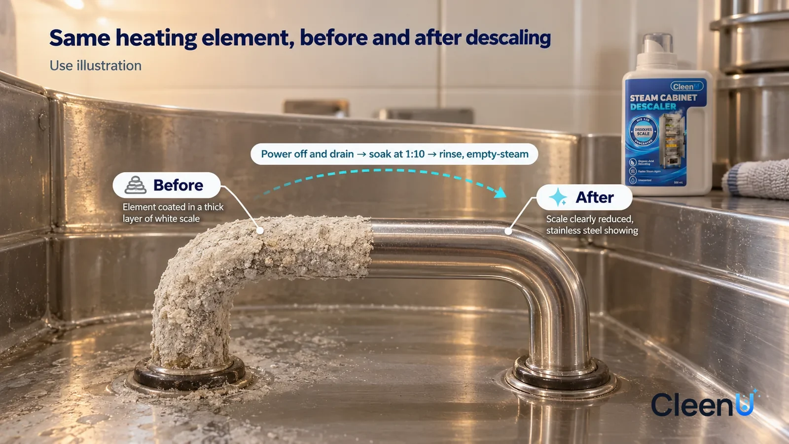 Illustration: CleenU Steam Cabinet & Combi Oven Descaler — A full-screen low-angle close-up of a heating element in a commercial steamer's water tank in the same raking light: the untreated half is c