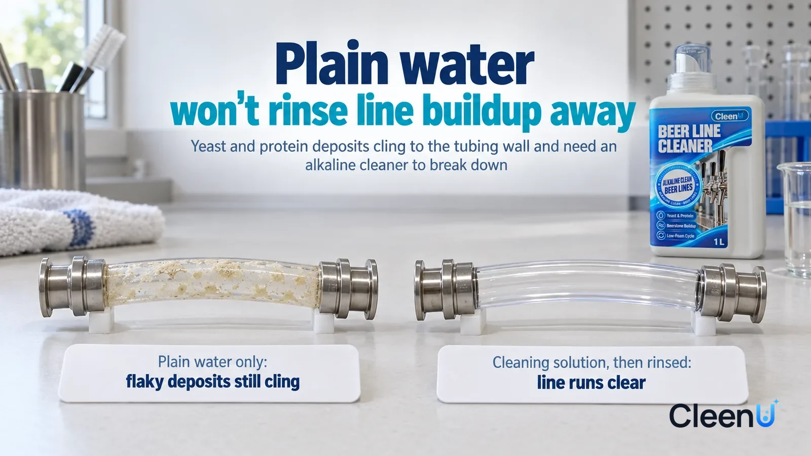 Illustration: CleenU Beer Line Cleaner — A landscape medium close-up of a small experiment in a cleaning lab: two identical lengths of clear beverage tubing side by side on a white Headline: "Plain wa