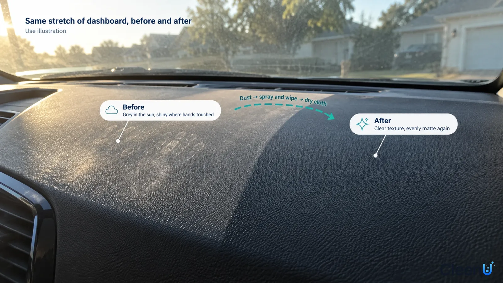 Illustration: Dusty handprints and a clearer dashboard area; not a measured cleaning test.