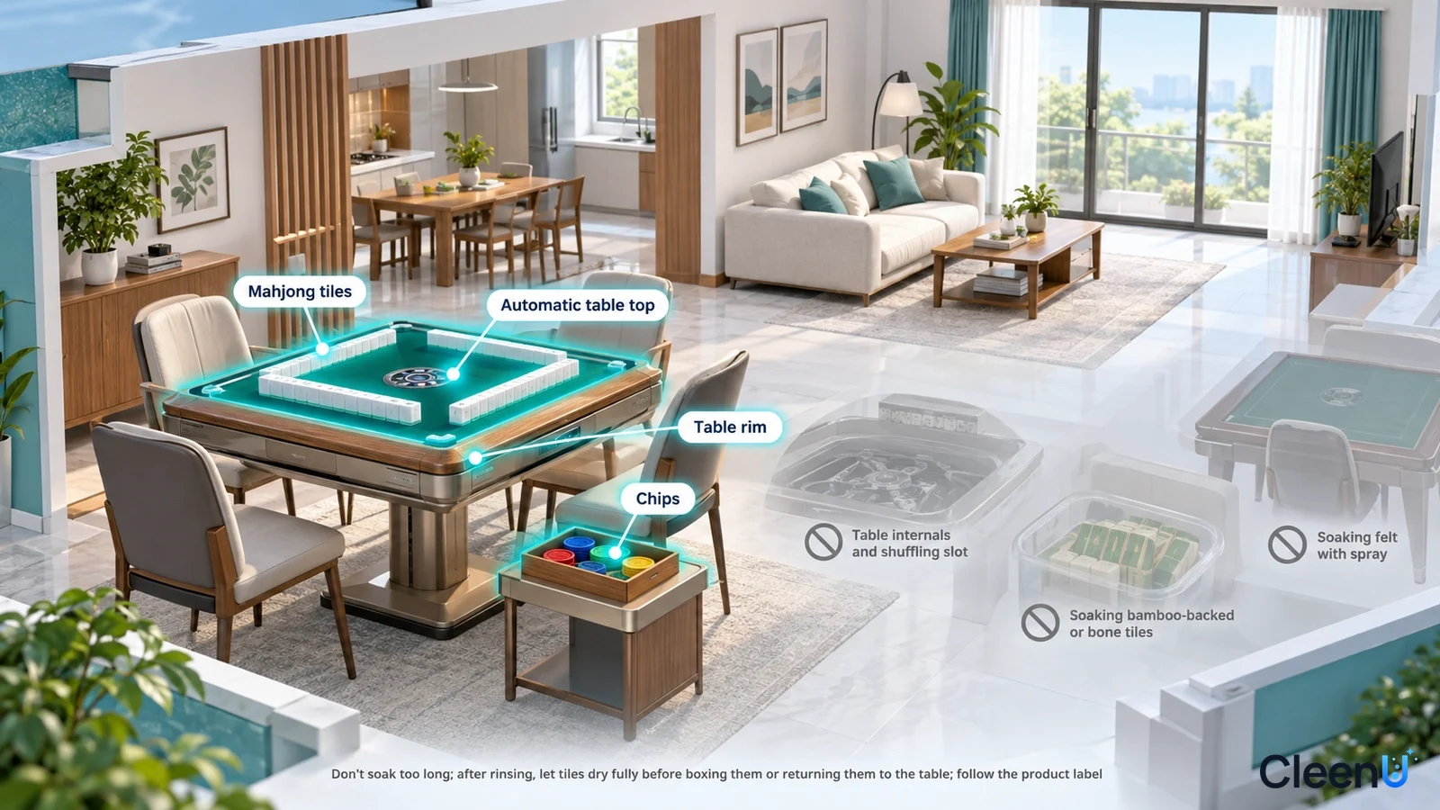 Illustration: Highlighted mahjong table, tiles and related components beside equipment and material precautions.