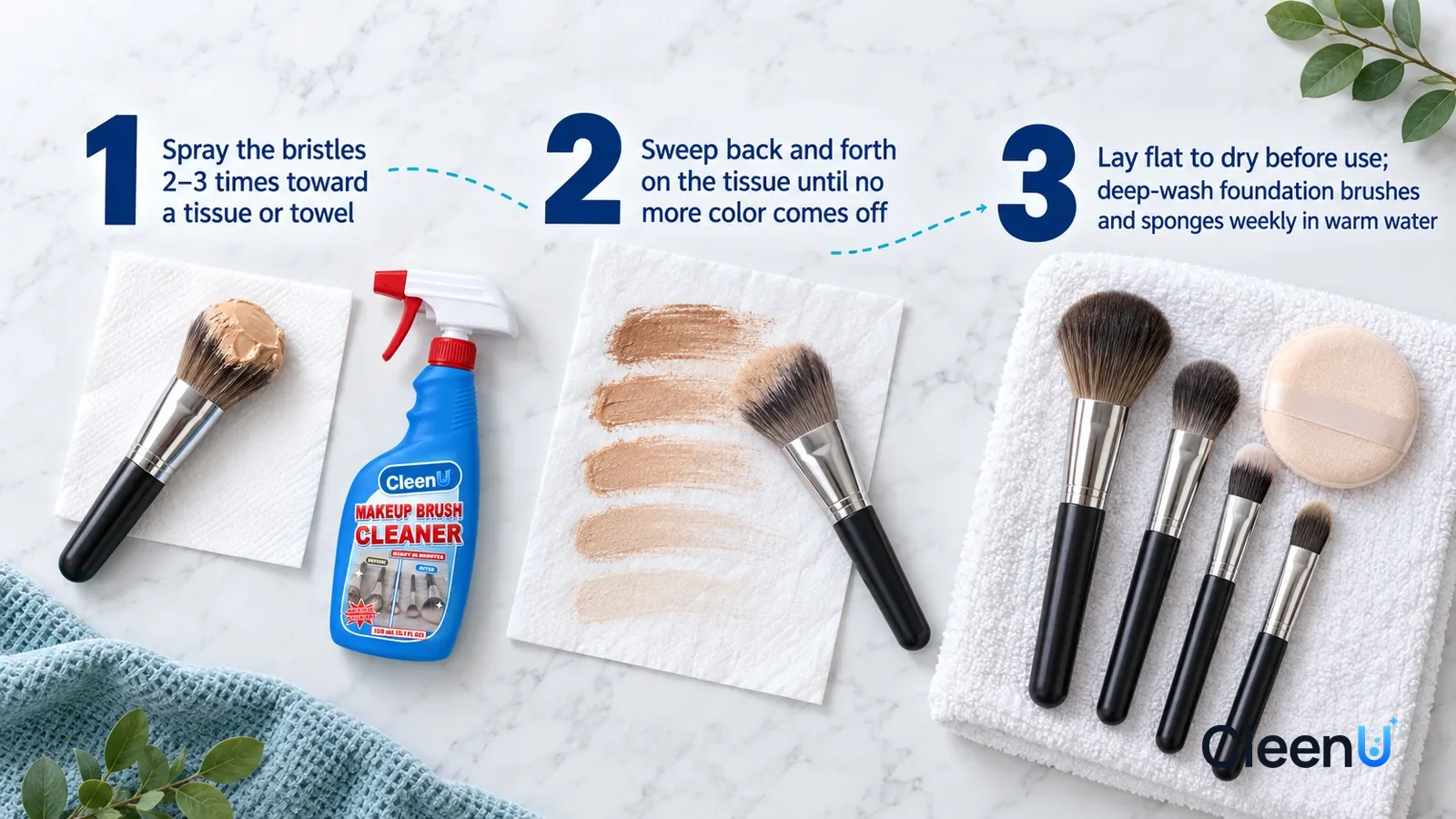 Illustration: CleenU Makeup Brush Cleaner — an overhead shot straight down onto a light marble tabletop, no bottle and no hands: (1) a foundation brush (no brand marks) caked with skin