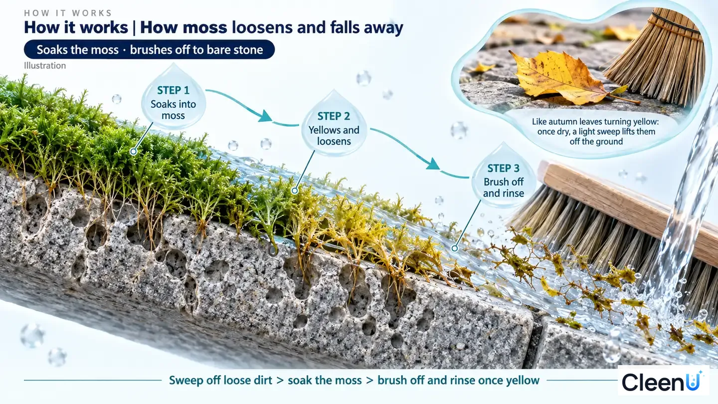 Illustration: Moss on a porous stone cross-section with debris, water and brush bristles.