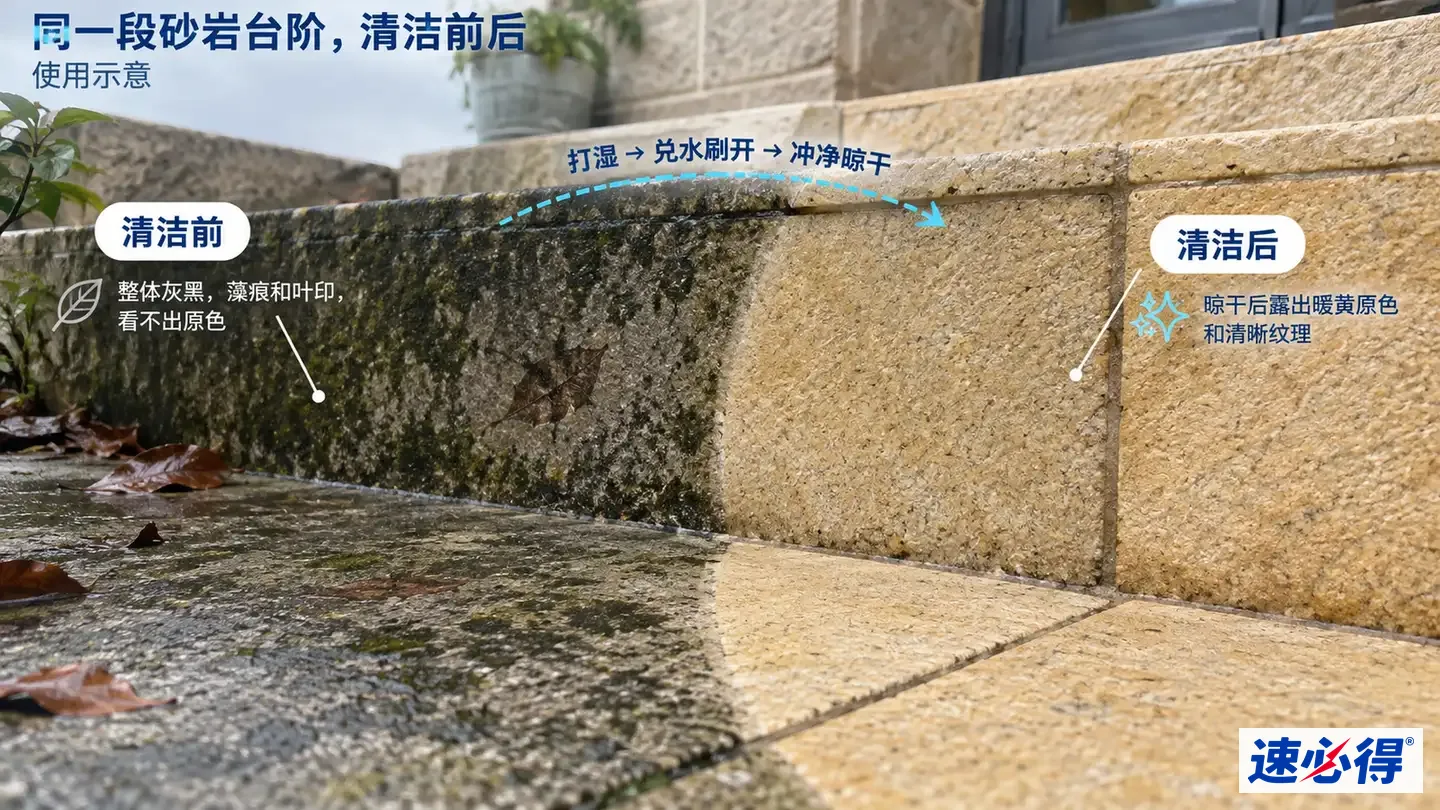 示意图：石阶的灰黑污垢区域与暖黄色石面区域对照，非实测照片。