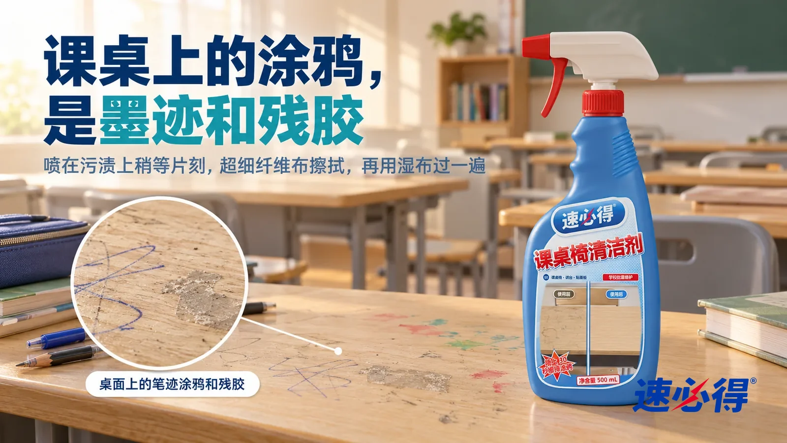 示意图:速必得课桌椅清洁剂——一间放学后的空教室,一排浅木纹贴面课桌和塑料椅,侧光斜照下最近一张课桌桌面上的铅笔和圆珠笔涂鸦,标题“课桌上的涂鸦,是墨迹和残胶”