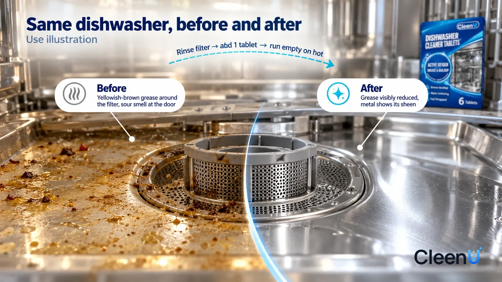 Illustration: CleenU Dishwasher Cleaner Tablets — A full-screen low-angle close-up of the tub floor and filter of a dishwasher (no brand marks) in the same side light