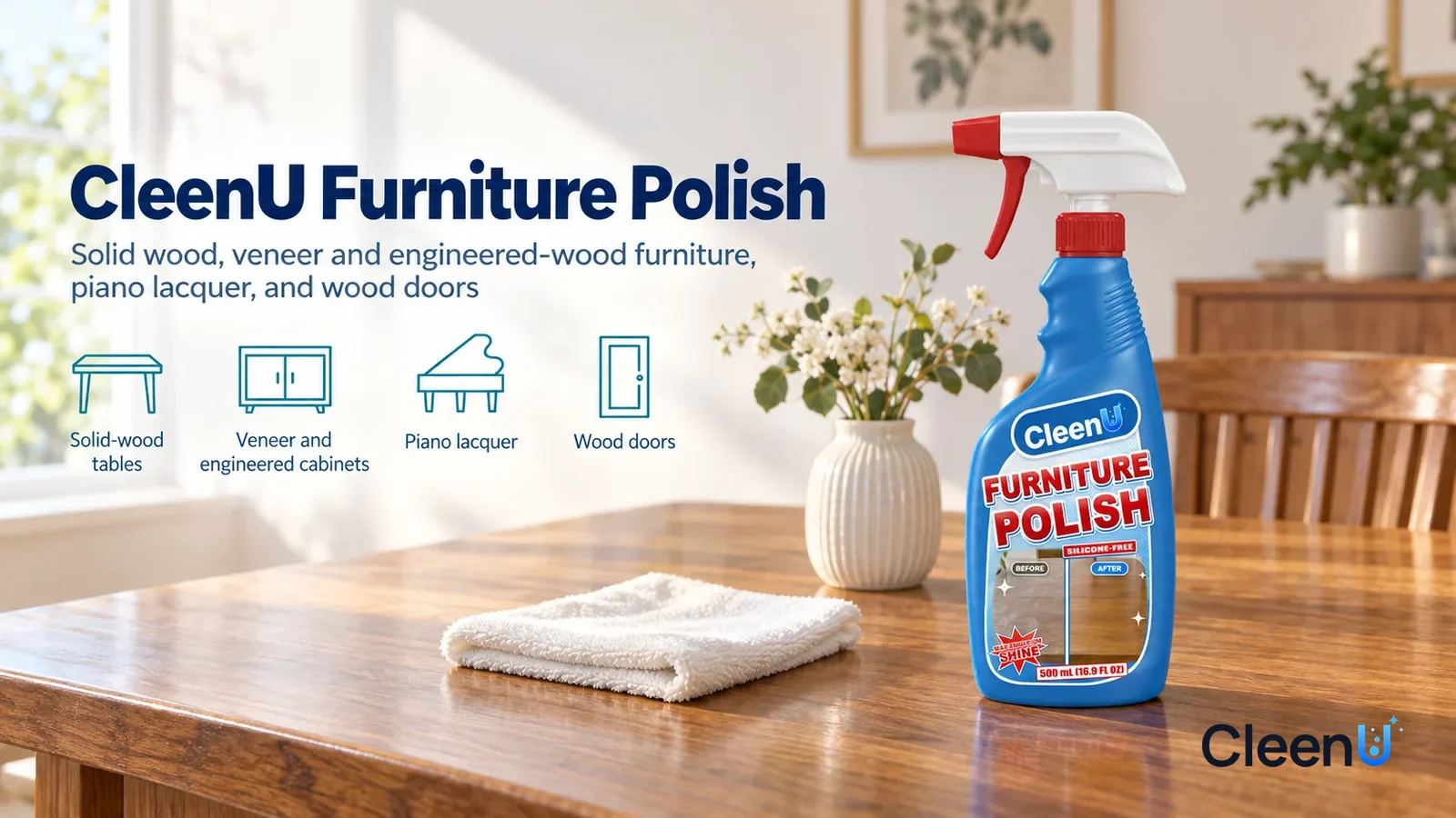 Illustration: CleenU Furniture Polish — A bright, cozy dining room, a solid-wood dining table with a warm sheen and clear grain, a small vase on the table